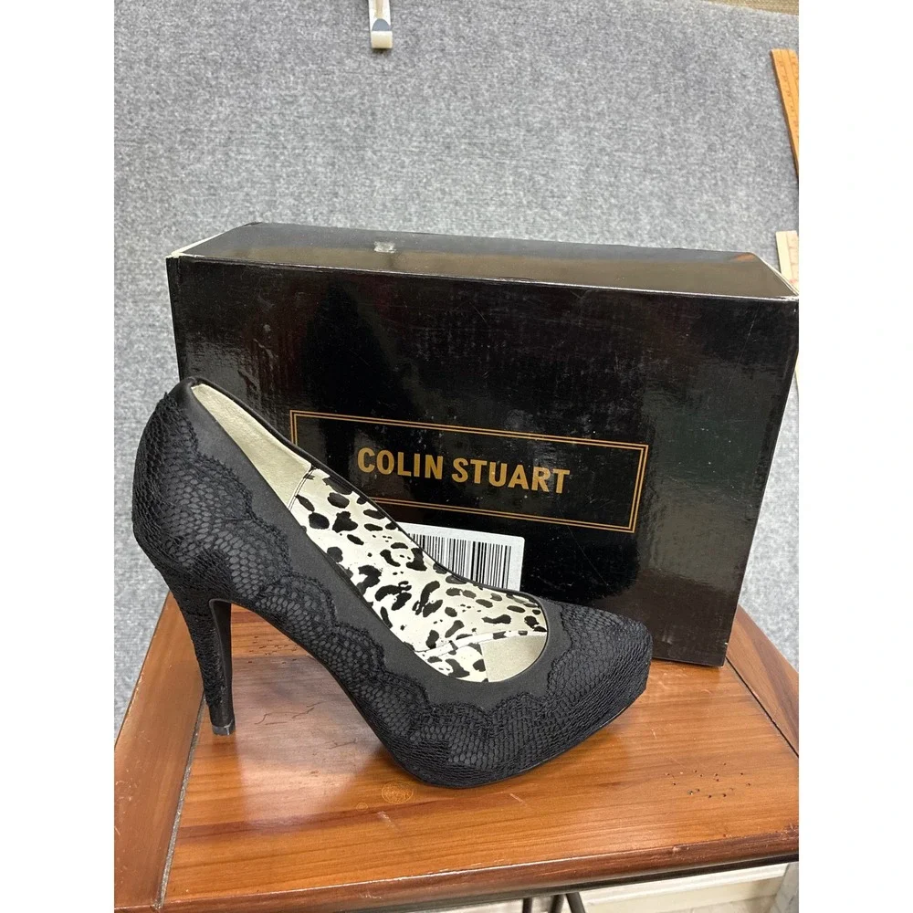 Colin Stuart ladBlack Lace Platform Pumps Leopard Print Insole Stiletto Heels 9B